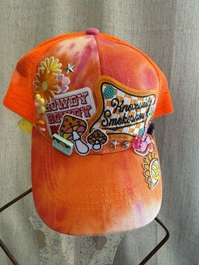 Orange Tie-Dye Patch ponytail Trucker Hat western Cowgirl
